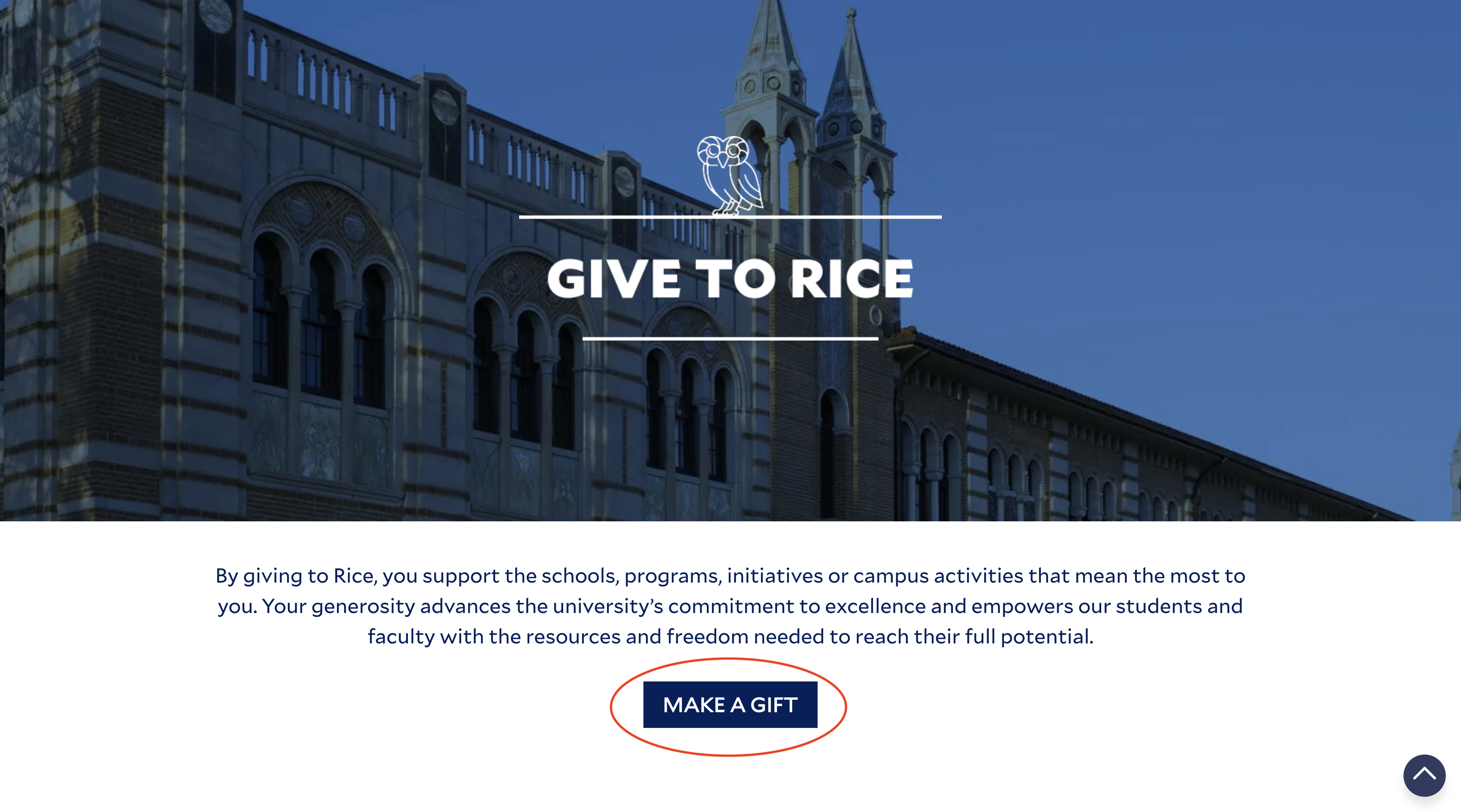 Rice giving website homepage with Make a Gift button highlighted