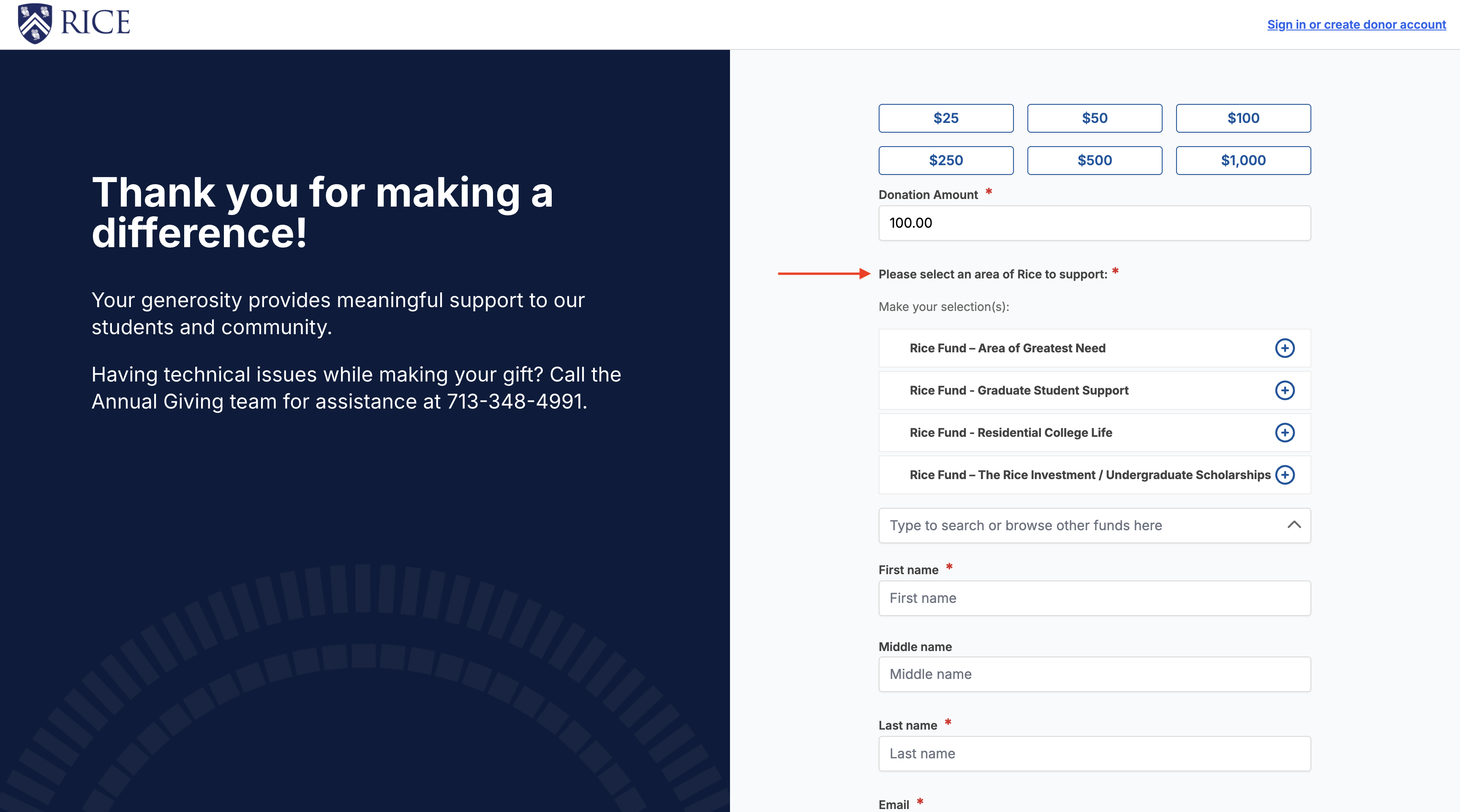 Donation form with the area of support search box highlighted